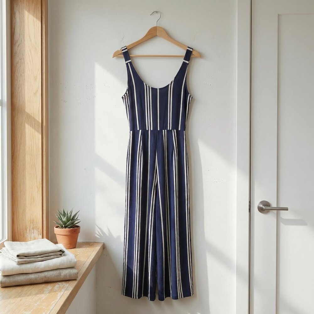Navy & White Striped Wide Leg Jumpsuit - Size S - Picture 2 of 3